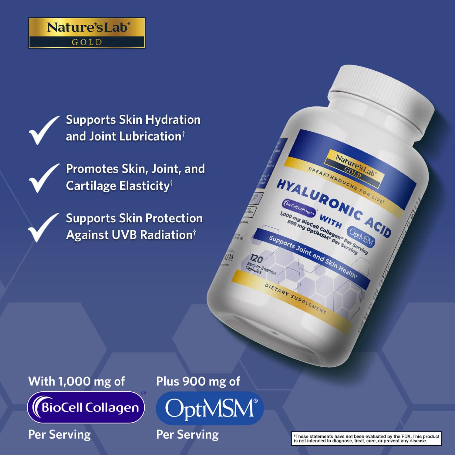 Nature's Lab capsules close-up highlighting easy-to-swallow hydration and collagen support.