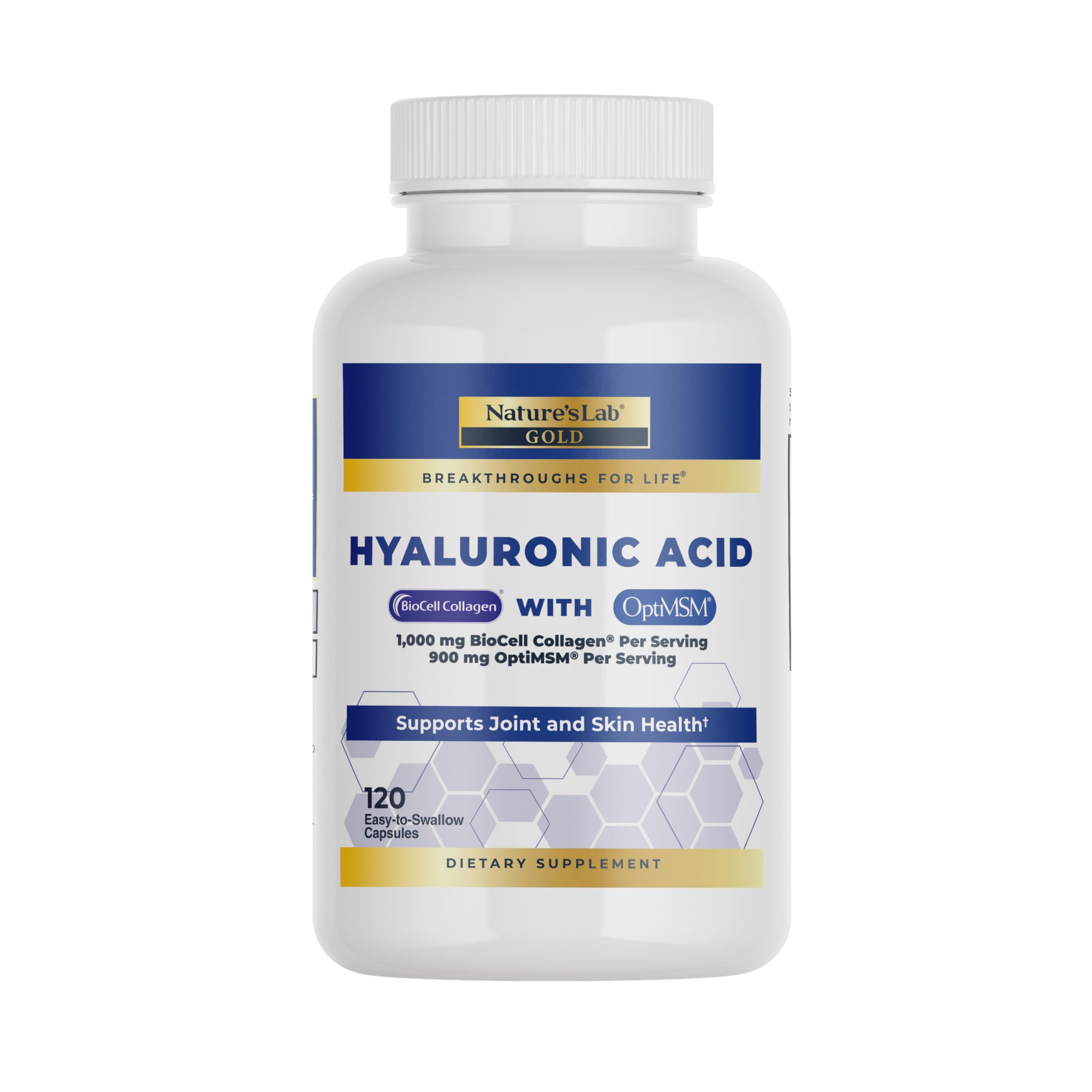 Nature's Lab Hyaluronic Acid with Biocell Collagen and MSM bottle showing daily hydration support.