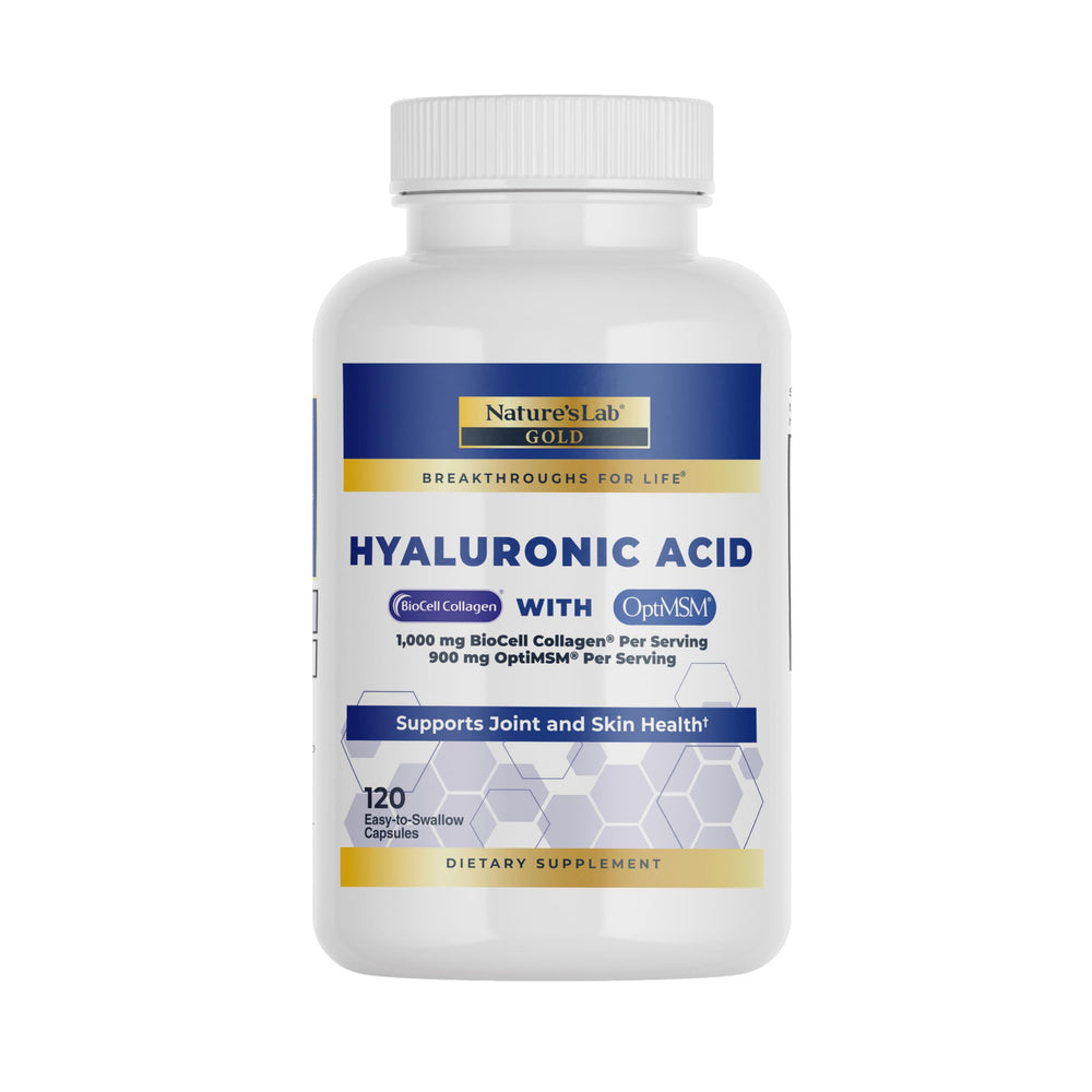 Nature's Lab Hyaluronic Acid with Biocell Collagen and MSM bottle showing daily hydration support.