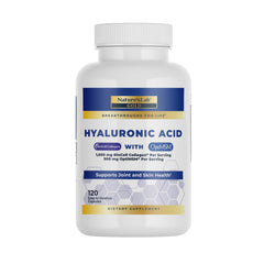Nature's Lab Hyaluronic Acid with Biocell Collagen and MSM bottle showing daily hydration support.