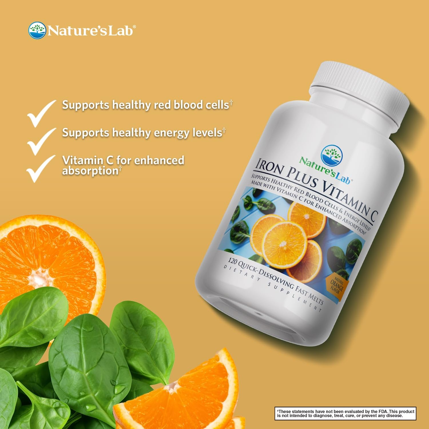 Nature's Lab Iron Plus fast melt tablets dissolving on the tongue for easy ingestion