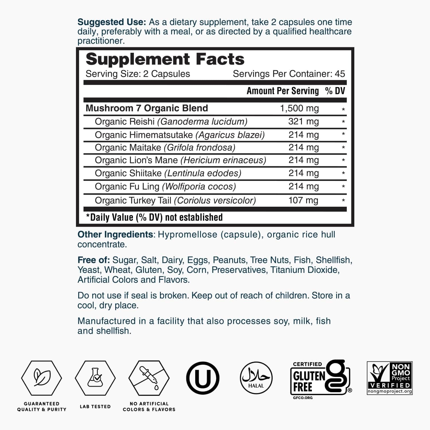 Nature's Lab Mushroom 7 Organic Blend third-party audit seal ensures quality.