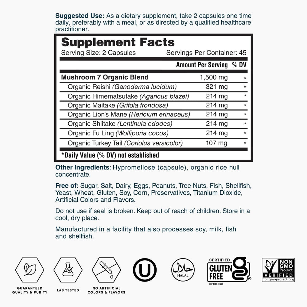 Nature's Lab Mushroom 7 Organic Blend third-party audit seal ensures quality.
