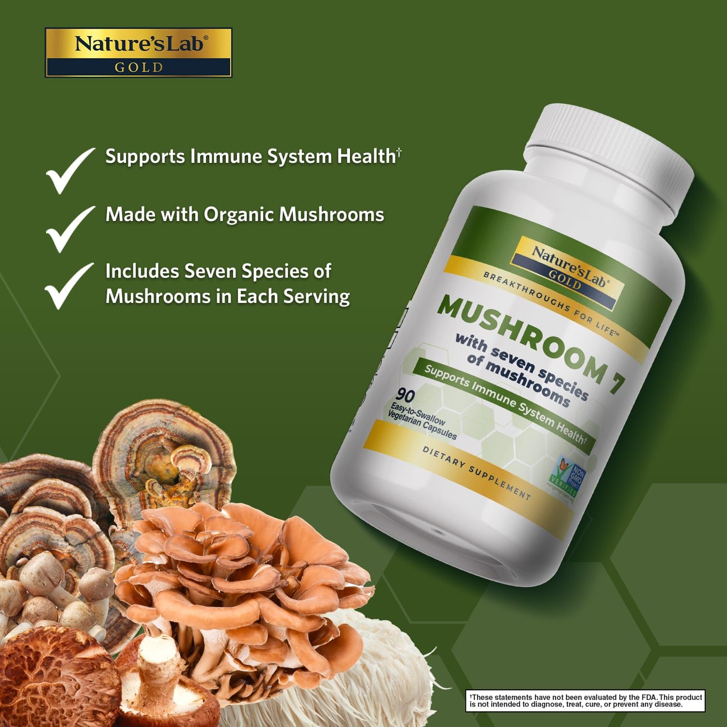 Nature's Lab Mushroom 7 Organic Blend label close-up highlights organic ingredients.