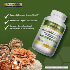 Nature's Lab Mushroom 7 Organic Blend label close-up highlights organic ingredients.
