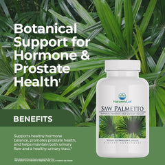 Nature's Lab Saw Palmetto 450mg label close-up shows per-capsule strength.