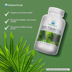 Nature's Lab Saw Palmetto 450mg bottle side view highlights dosage per capsule.