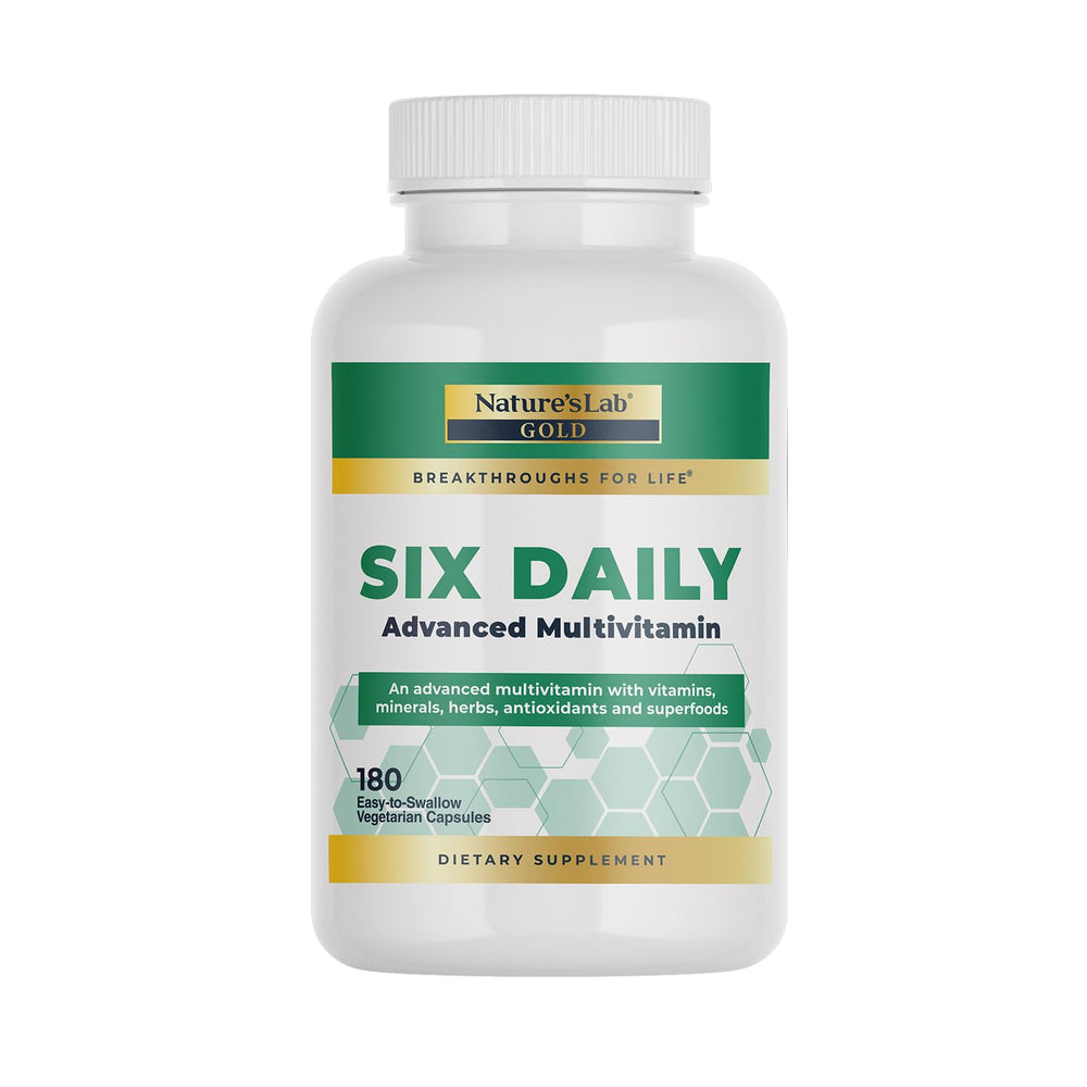 Nature's Lab Six Daily bottle on desk suggests convenient daily energy and wellness support