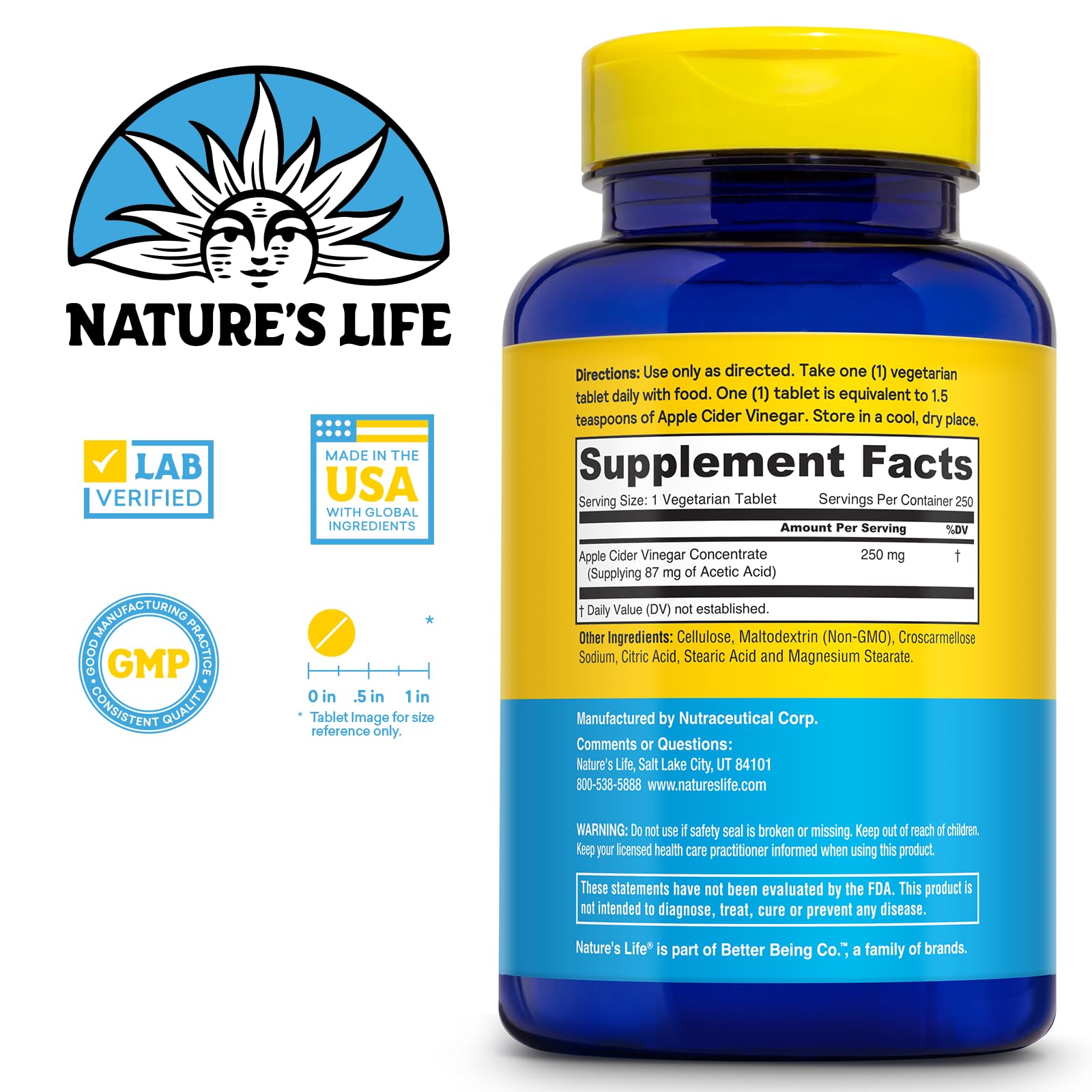 Closeup of Nature's Life ACV tablets showing 250 mg potency