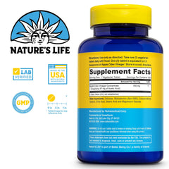 Closeup of Nature's Life ACV tablets showing 250 mg potency