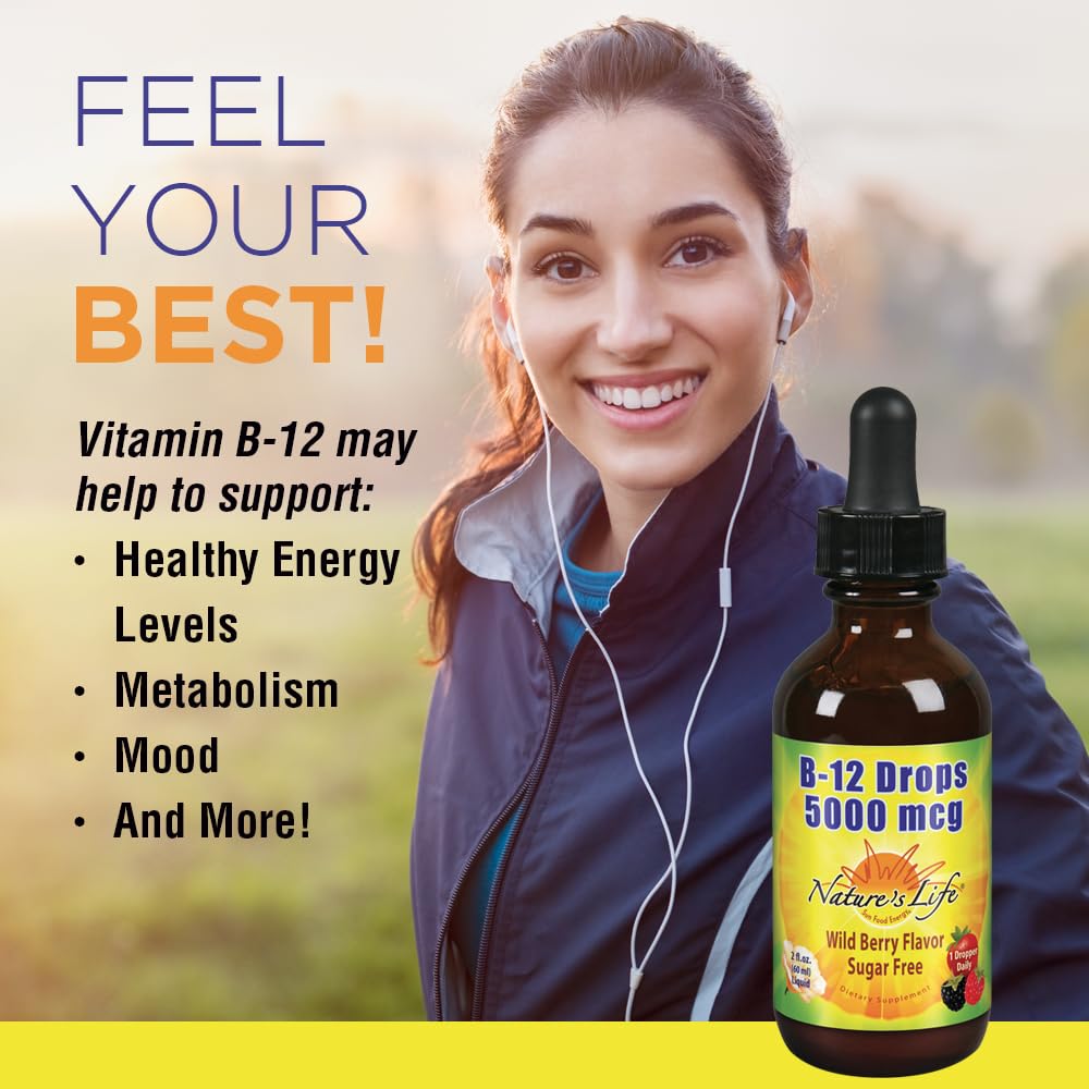 Nature's Life B-12 Drops bottle side highlights sugar-free formula.