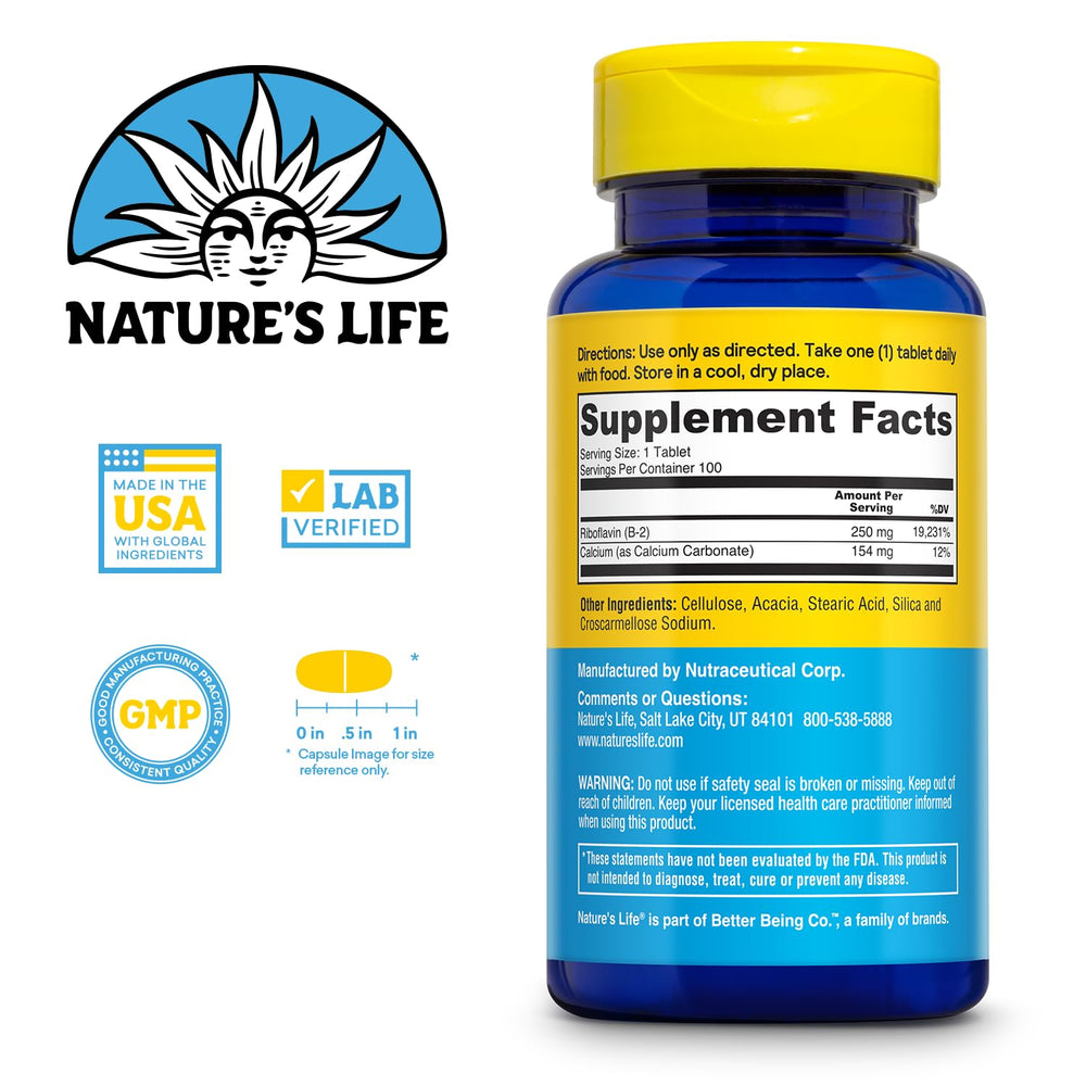 Nature's Life B-2 tablet close-up emphasizing riboflavin potency for metabolism support