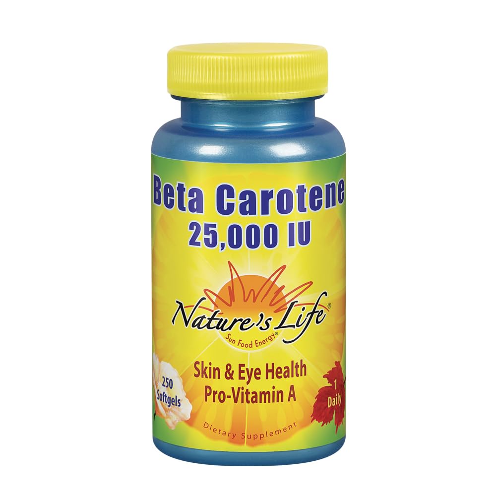 Nature's Life Beta Carotene bottle with softgels for skin and eye support.