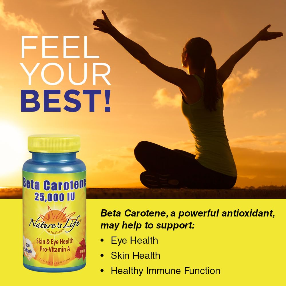Nature's Life Beta Carotene label shows 25,000 IU per serving.