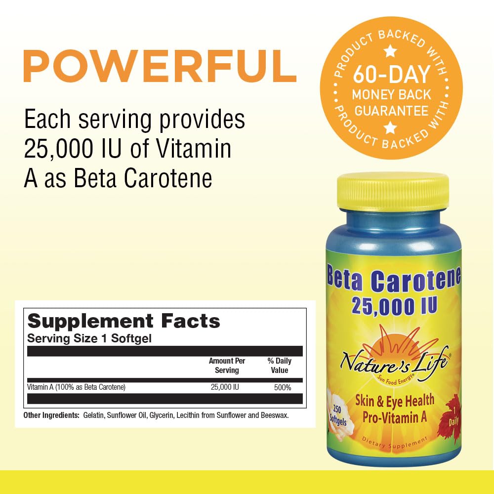 Closeup of Nature's Life Beta Carotene softgels for antioxidant support.