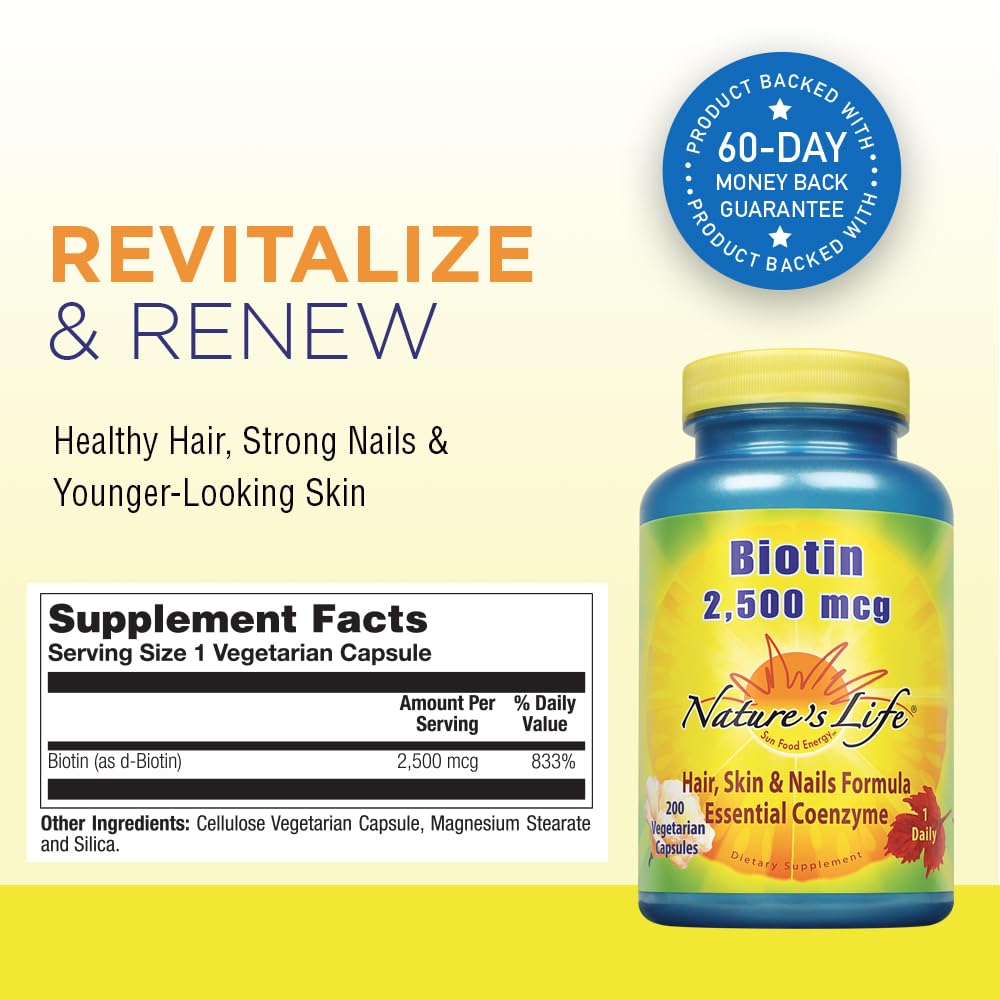 Nature's Life Biotin capsules on white background, promoting healthy hair and skin