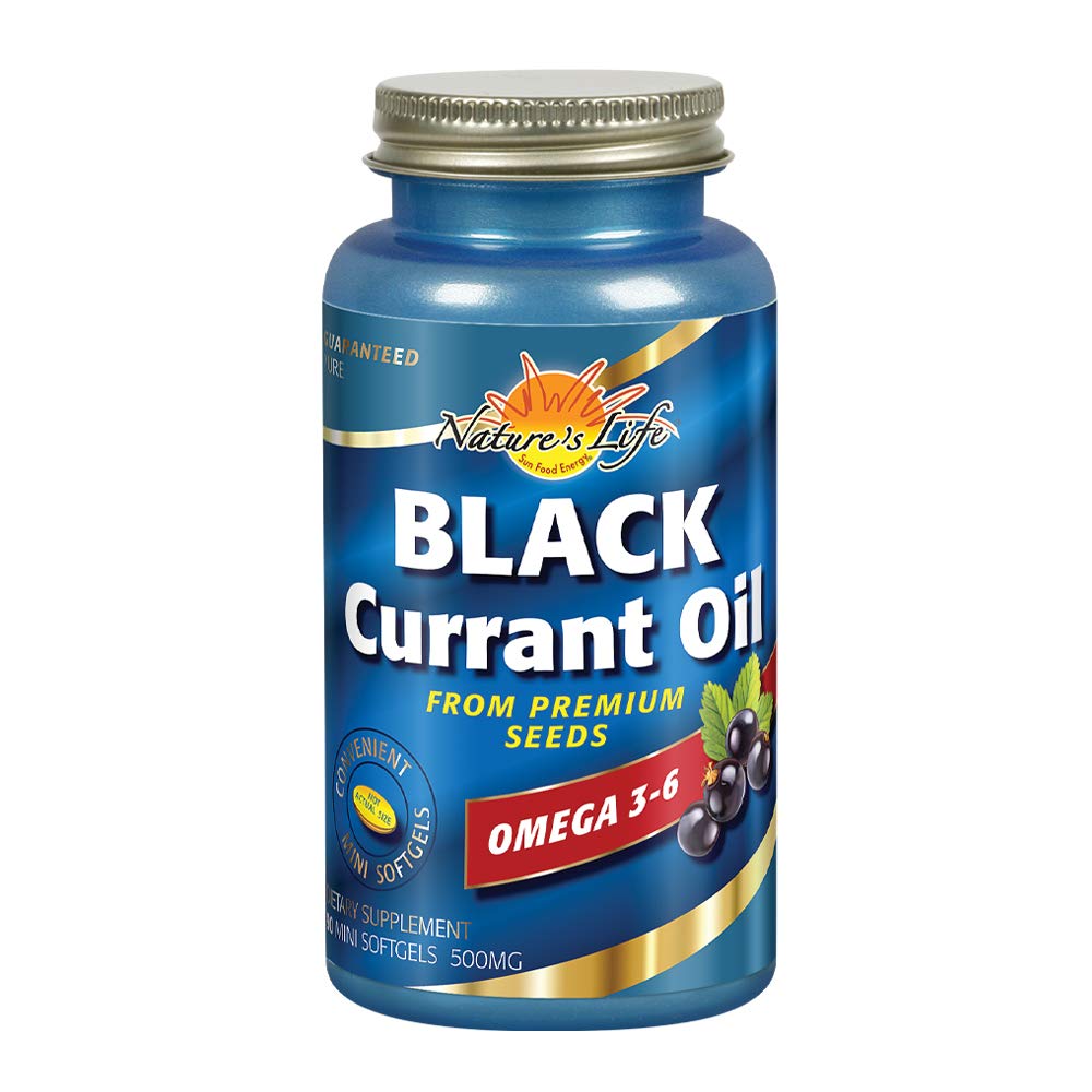 Nature's Life Black Currant Oil Minis bottle back – premium non-GMO oil quality and GOED standards