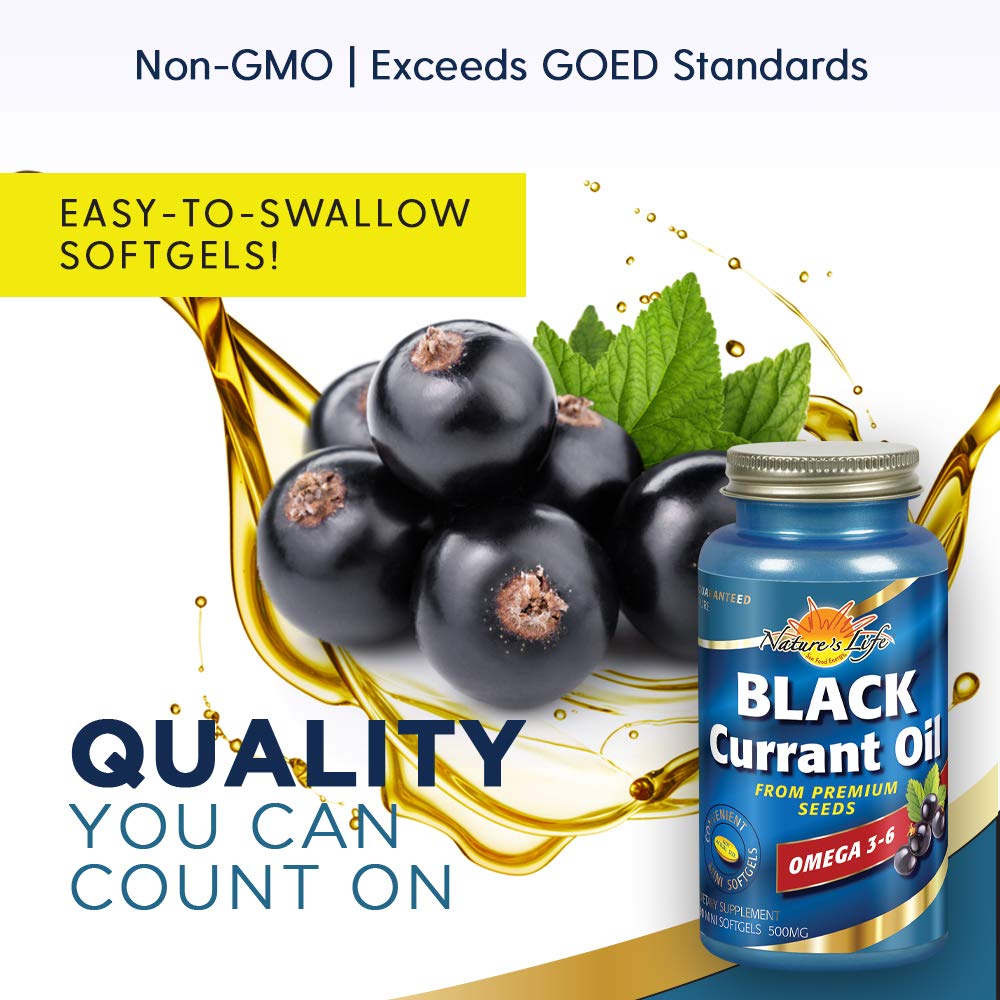 Nature's Life Black Currant Oil Minis packaging scene – premium seal and label indicating quality