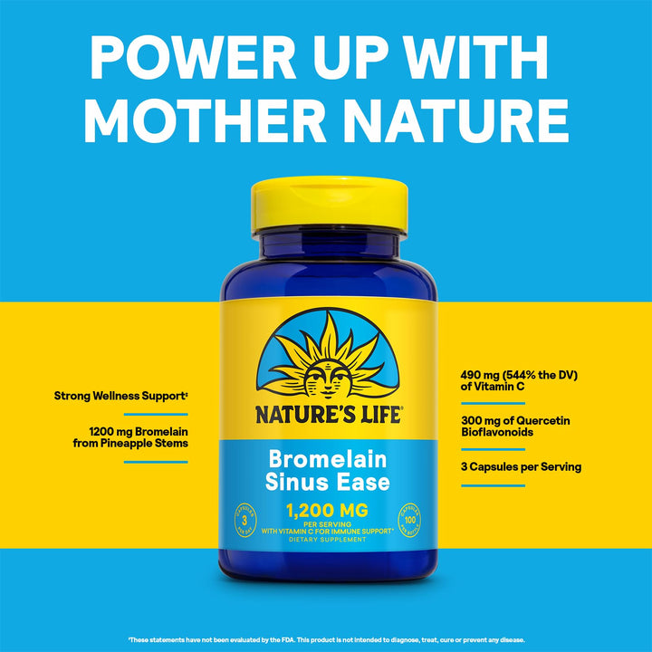 Nature's Life Bromelain Sinus Ease digestive health scene suggesting soothing support.