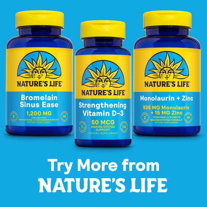 Nature's Life Bromelain Sinus Ease packaging showing GMP and vegan formula.