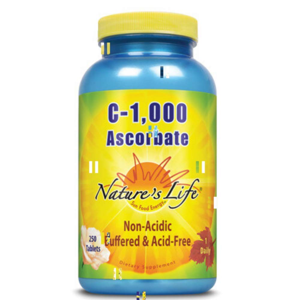 Nature's Life C-1,000 Ascorbate bottle with buffered vitamin C for gentle daily use