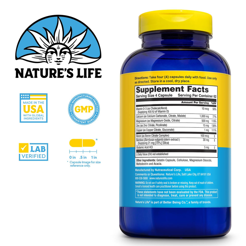Nature's Life Cal Mag Zinc Complex bottle back lists ingredients and D3 details