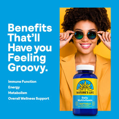 Nature's Life bottle in a morning routine suggests daily energy support.