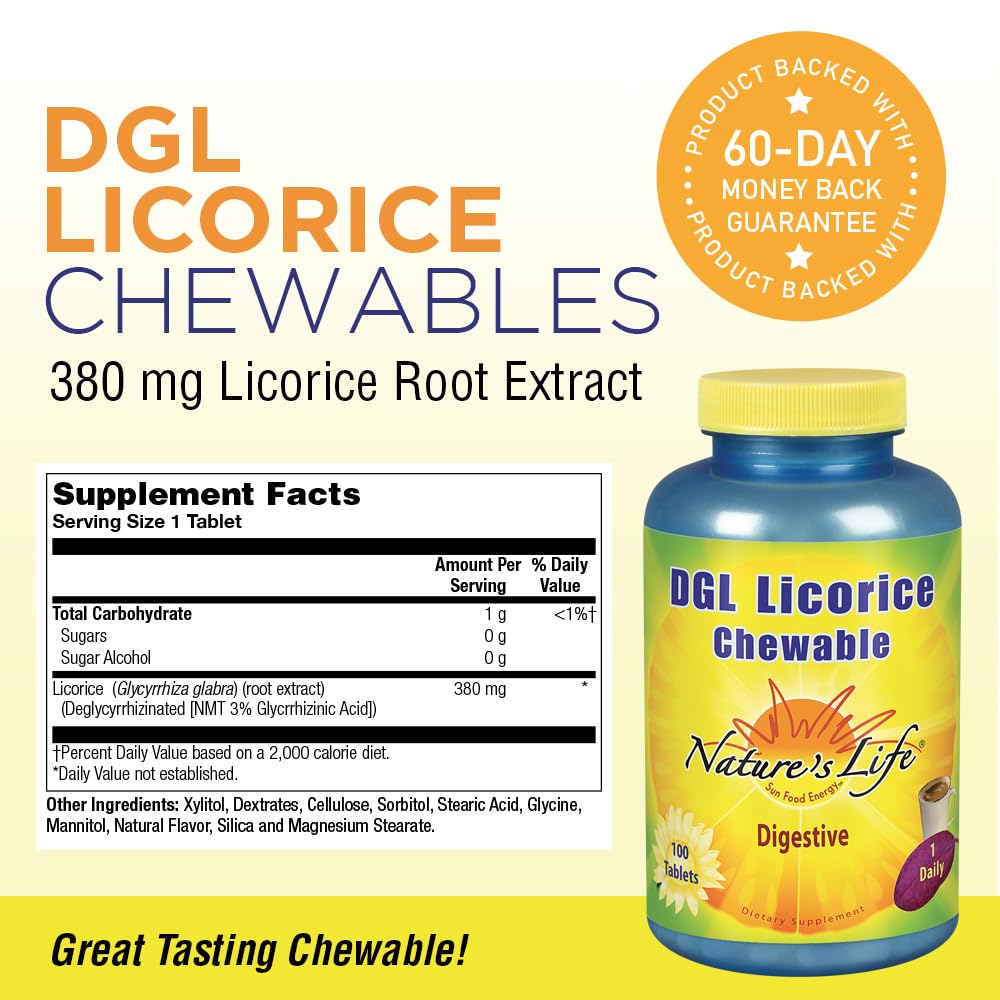 Close-up of Nature's Life DGL licorice chewables showing chewable tablets.