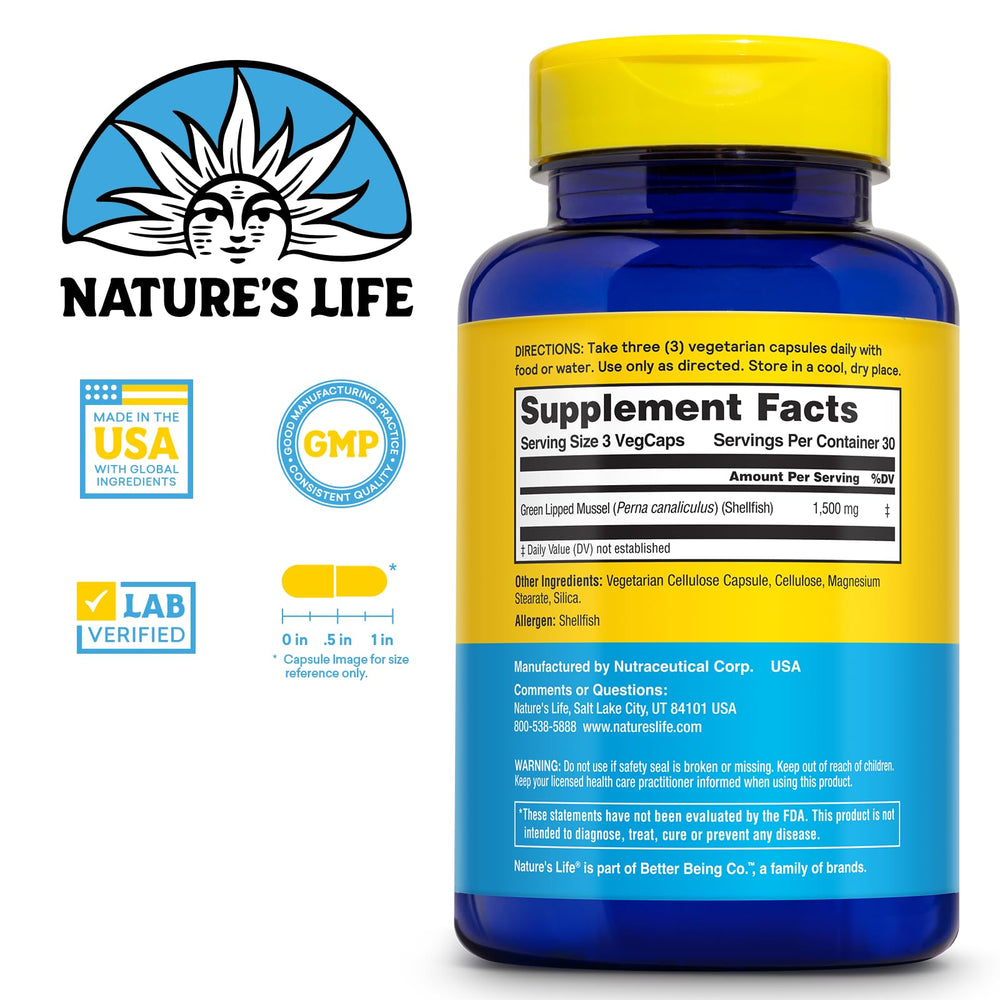 Nature's Life Green Lipped Mussel capsules close-up, easy daily supplement