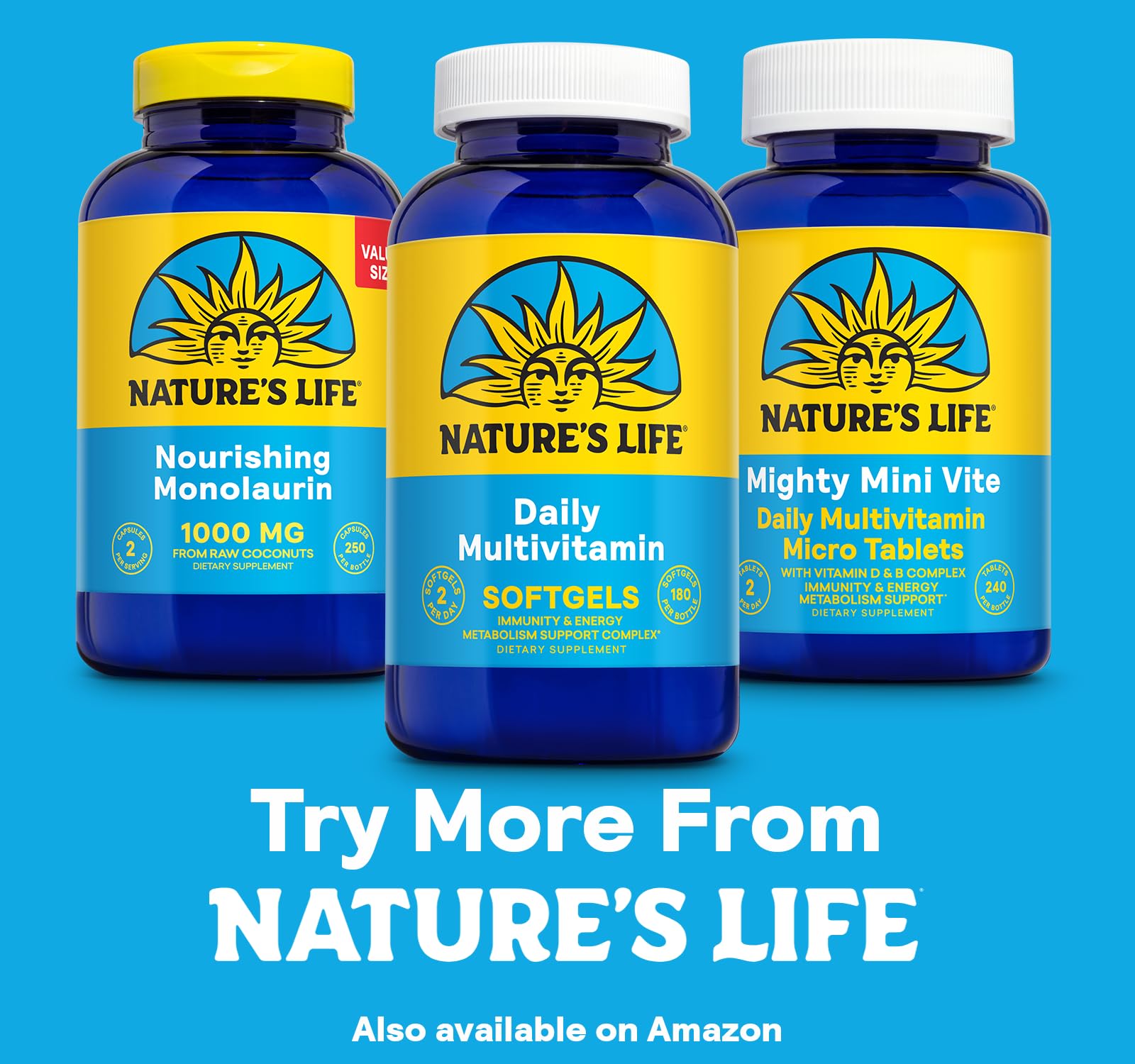 Nature's Life iron-containing multivitamin highlights iron inclusion for daily nutrition.