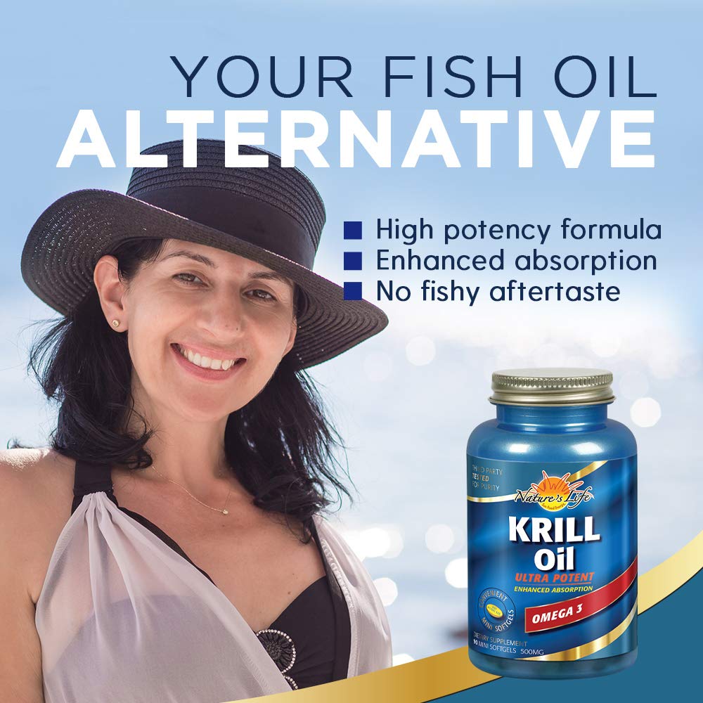 Nature's Life Krill Oil label closeup highlighting purity and omega-3 profile.