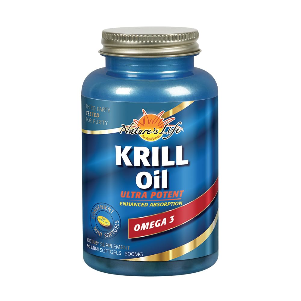 Nature's Life Krill Oil mini softgels bottle shown for convenient daily heart and joint support.