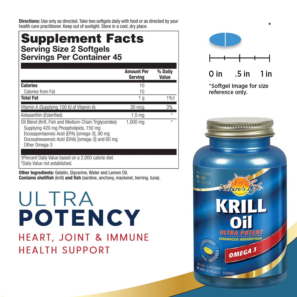Nature's Life Krill Oil mini softgels pour illustrating easy dosage and quick absorption.