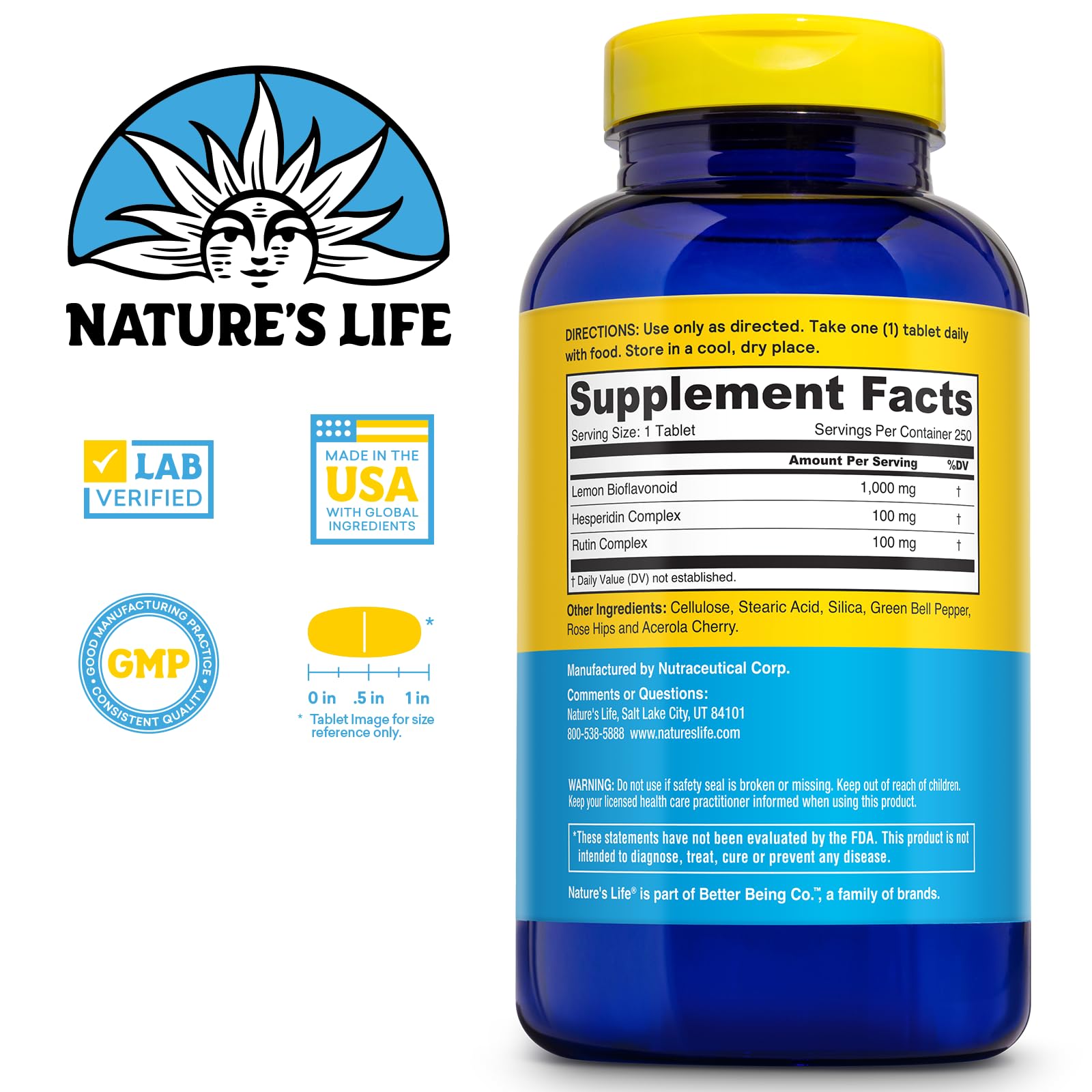 Nature's Life Lemon Bioflavonoids capsules close-up for daily antioxidant supplementation.