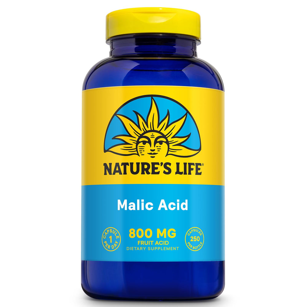 Nature's Life Malic Acid 800 mg bottle front with label close view, highlighting product identity.