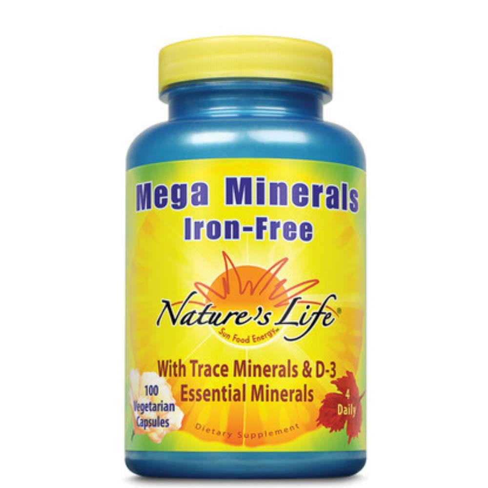 Nature's Life Mega Minerals No Iron bottle; supports daily mineral balance and overall wellness.