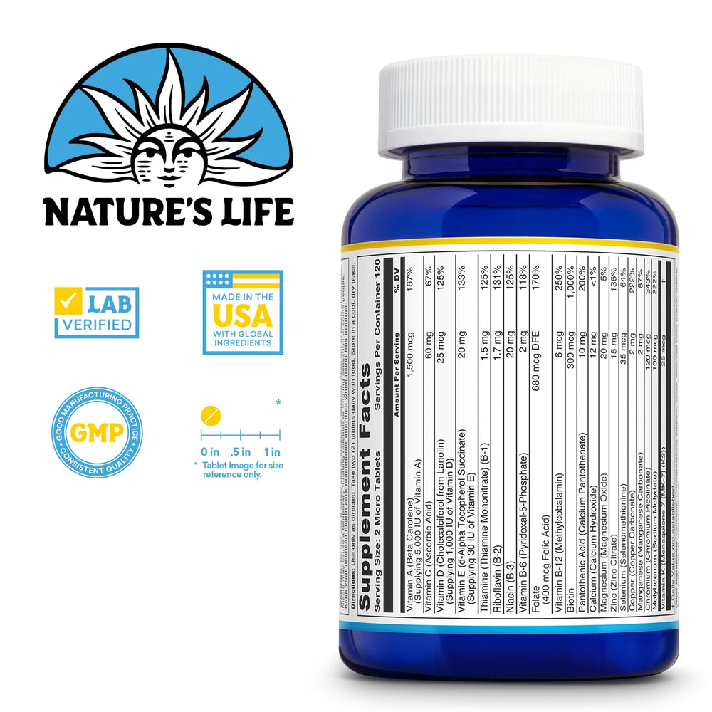 Nature's Life Mighty Mini Vite: etiqueta frontal muestra vitaminas D y B para energía e inmunidad.