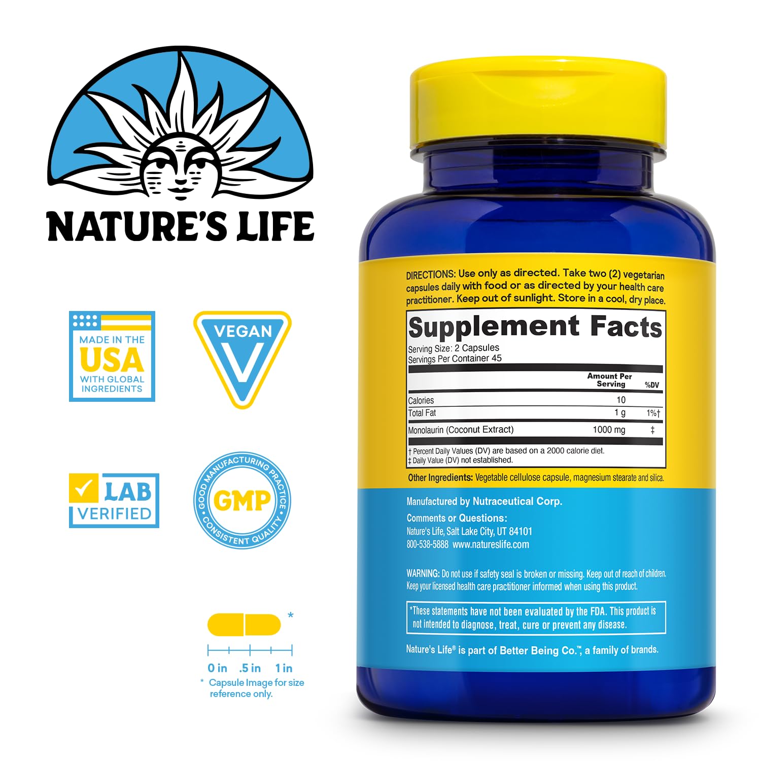 Cápsulas vegetarianas de Nature's Life Monolaurin para rutina diaria cómoda