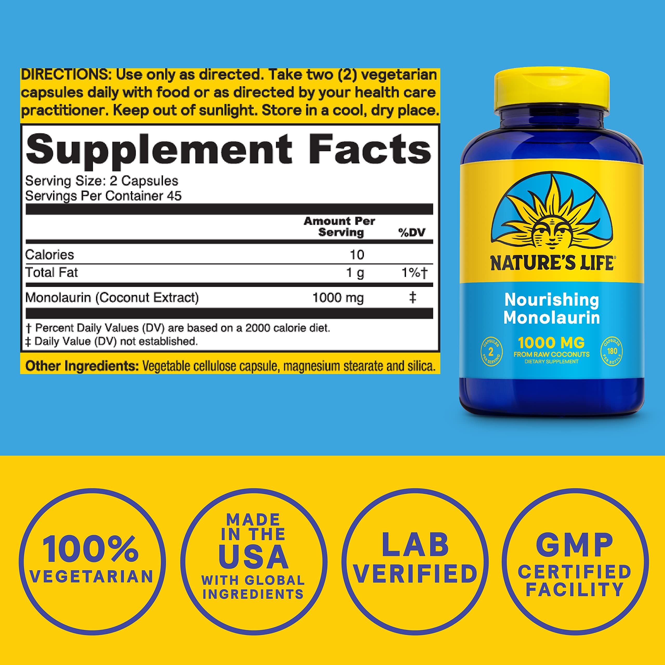 Nature's Life monolaurin capsules closeup showing capsule texture for gut health.