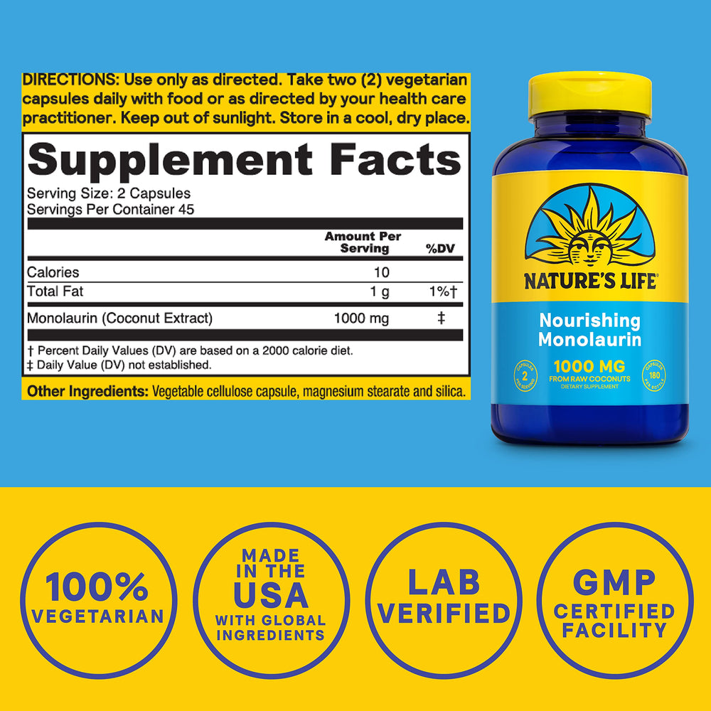 Nature's Life monolaurin capsules closeup showing capsule texture for gut health.