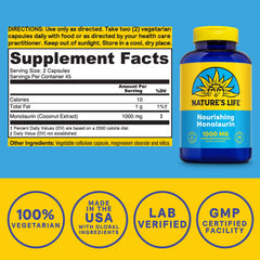 Nature's Life monolaurin capsules closeup showing capsule texture for gut health.