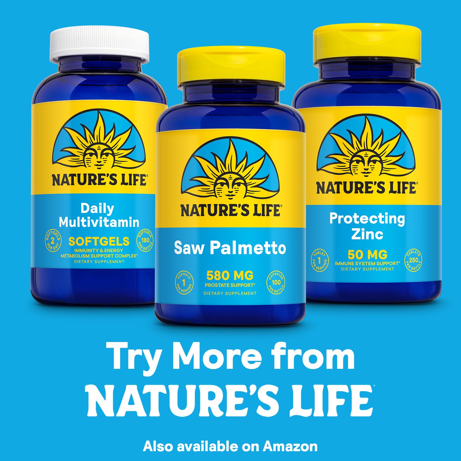 Nature's Life packaging and bottle display emphasizing convenience and value.