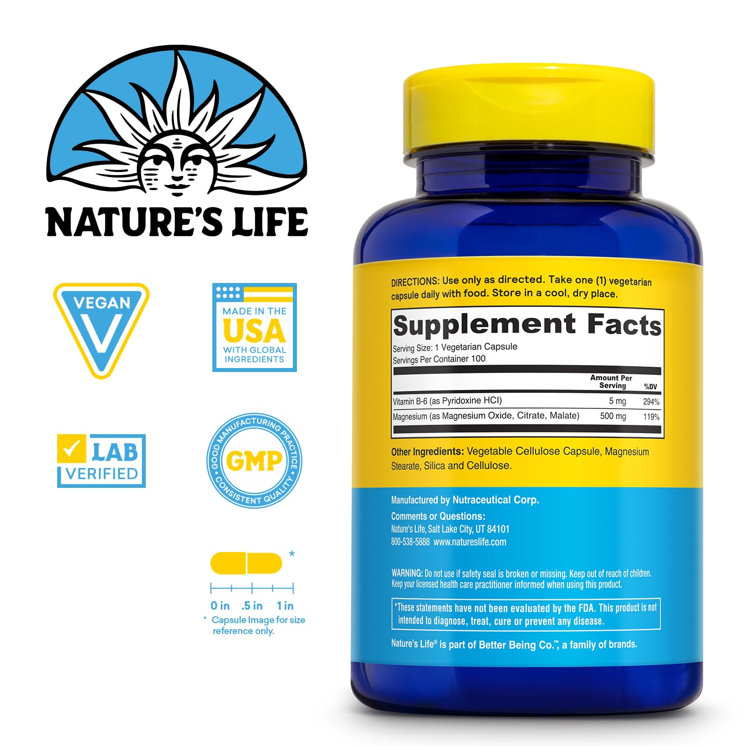 Nature's Life Renewing Magnesium 500 mg capsules ready for daily intake.
