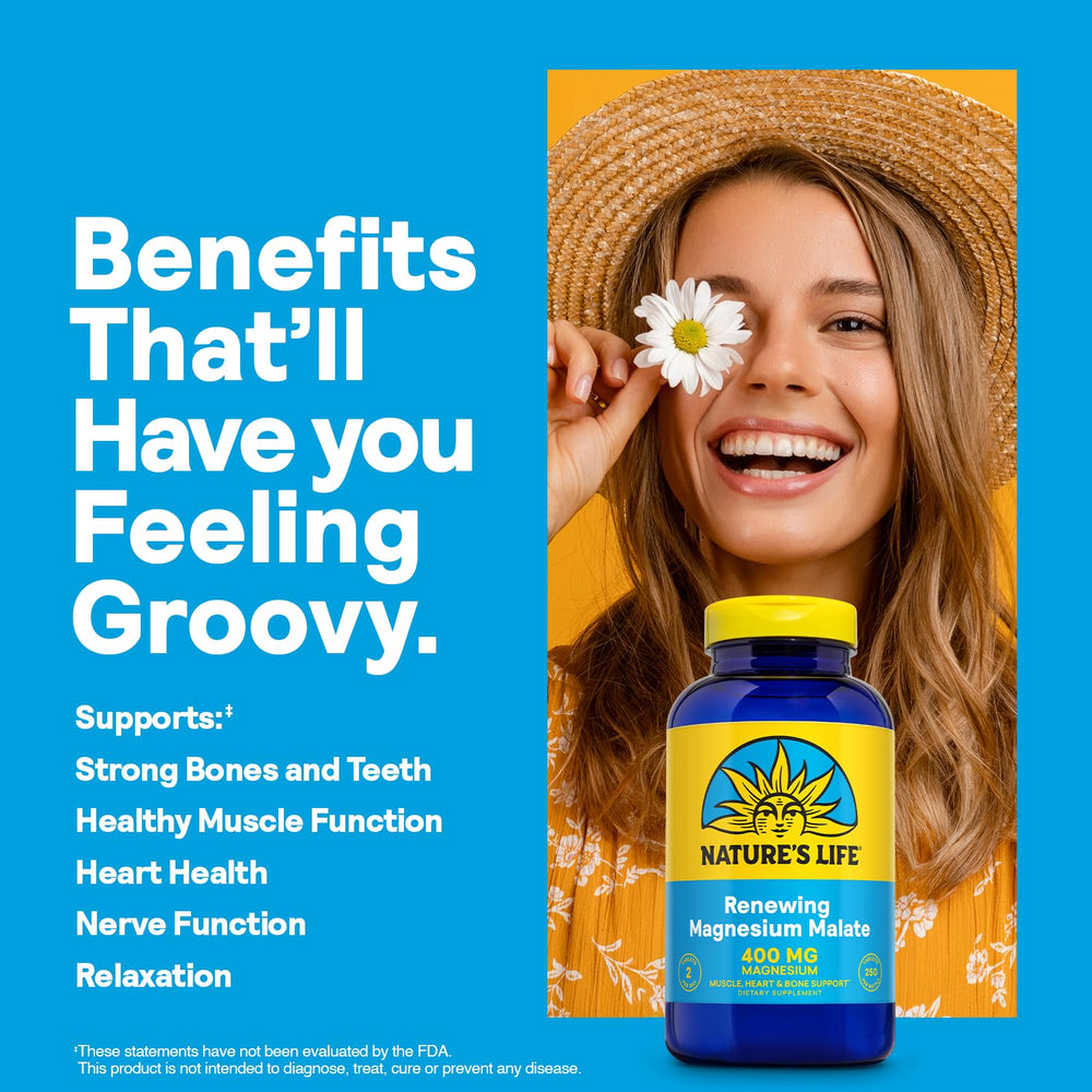 Nature's Life Renewing Magnesium Malate structure illustration shows 400 mg per serving.