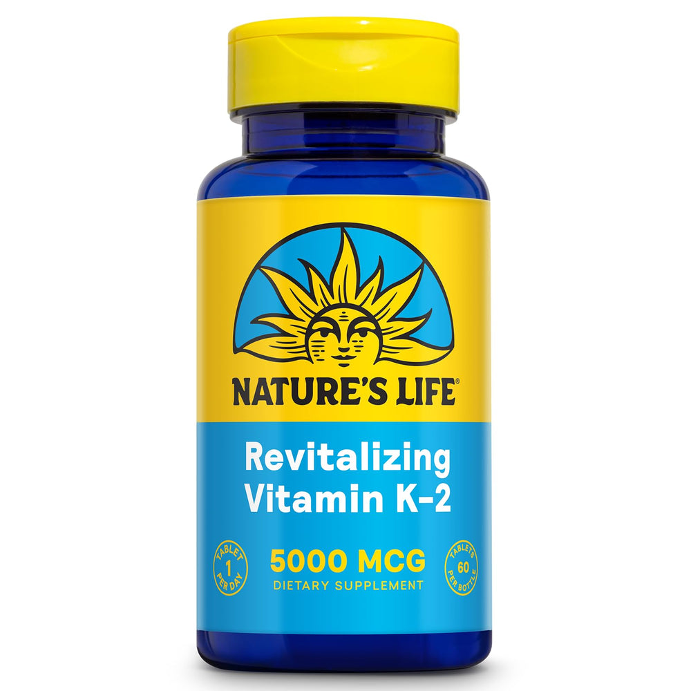 Nature's Life Revitalizing Vitamin K2 MK4 bottle front displays high-potency 5000 mcg MK4 for bone support