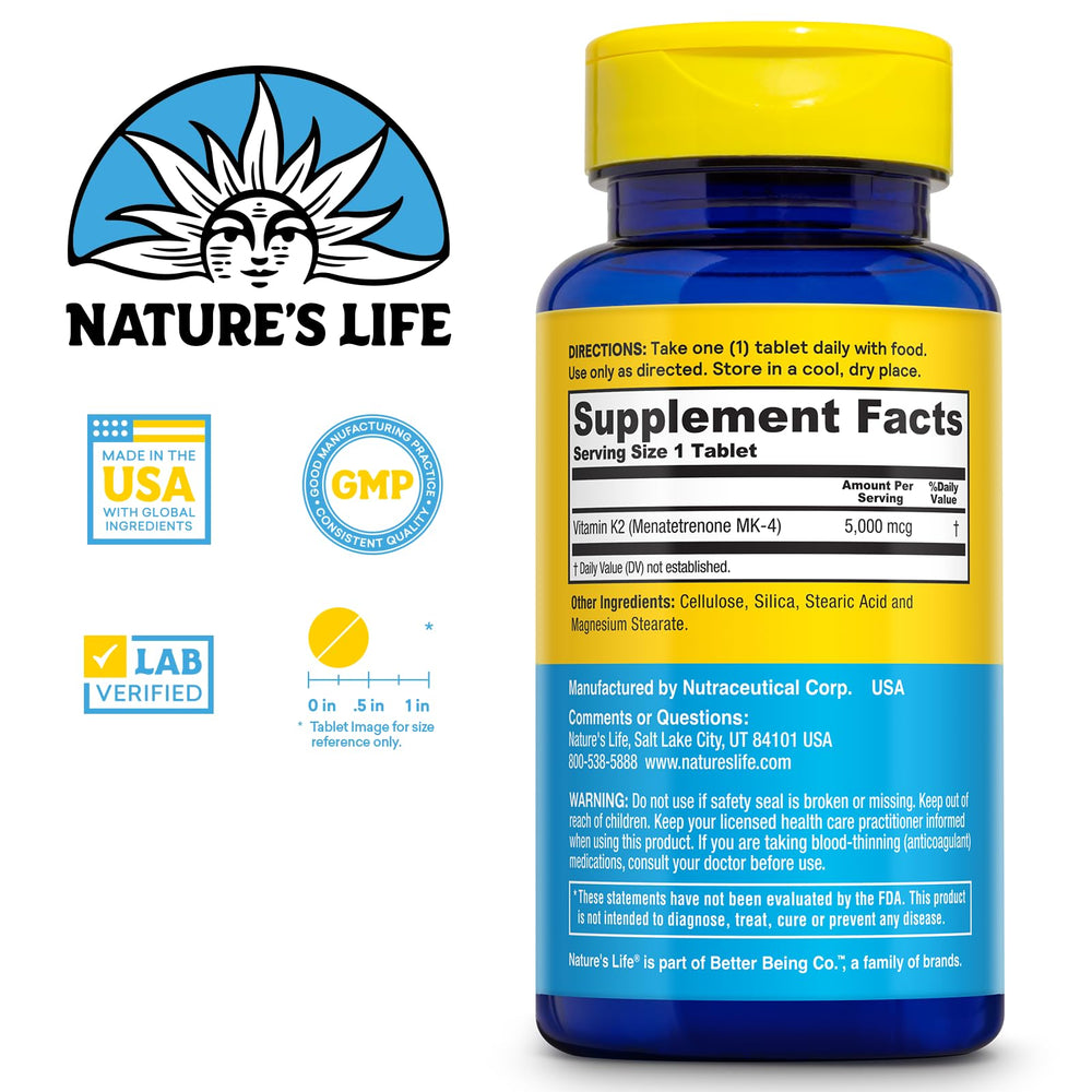 Nature's Life Revitalizing Vitamin K2 MK4 bottle label details dosage and formulation