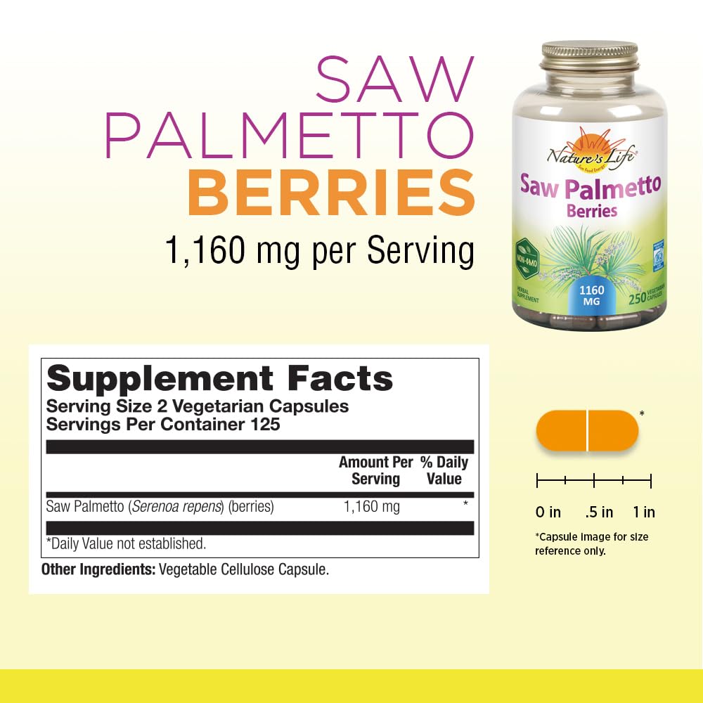 Nature's Life Saw Palmetto Berries 1160 mg capsules jar closeup highlights easy, non-GMO daily routine