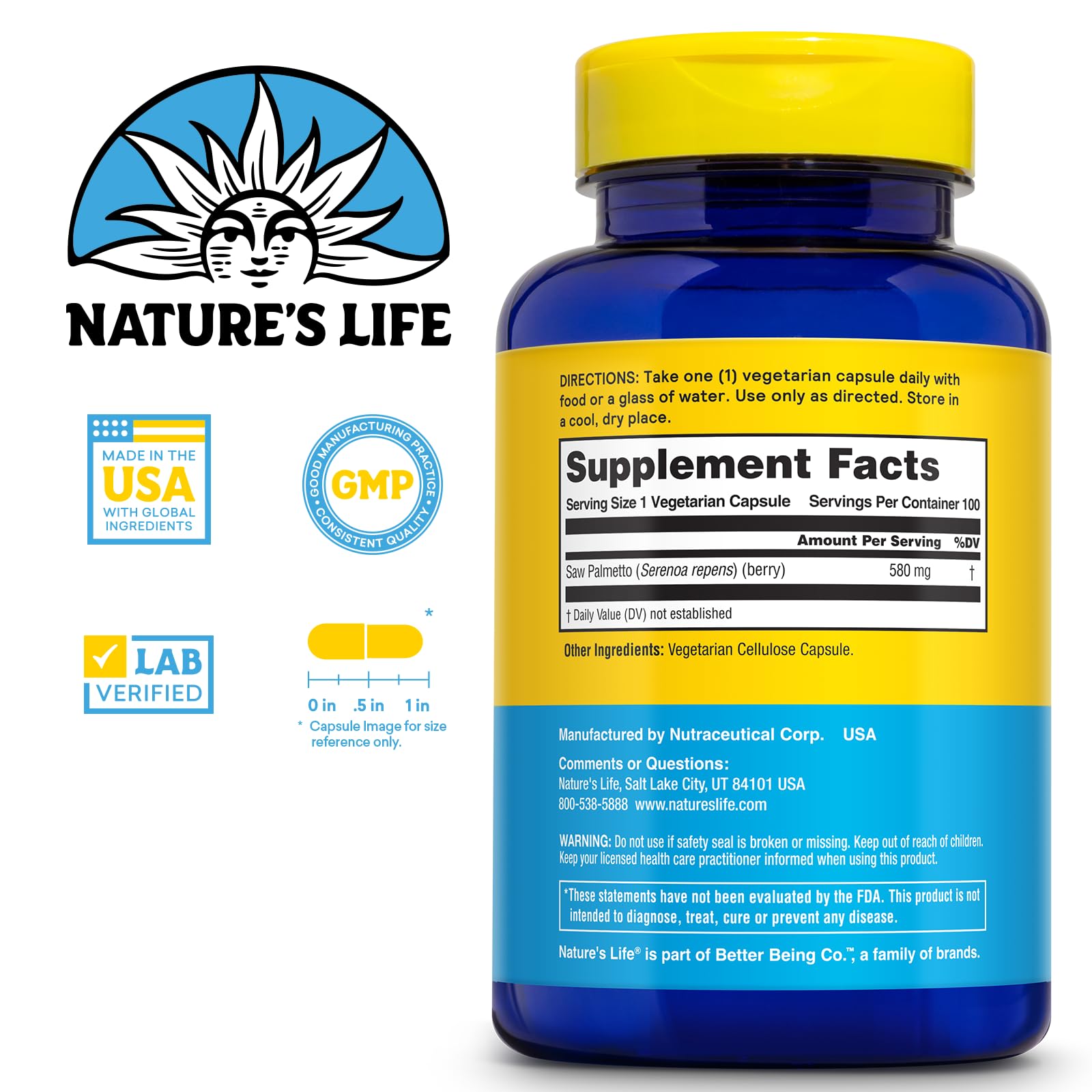 Nature's Life Saw Palmetto for Men 580mg capsules close-up for easy swallowing.