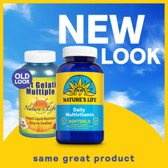 Nature's Life softgel multivitamin capsules closeup showing easy-to-swallow pills.