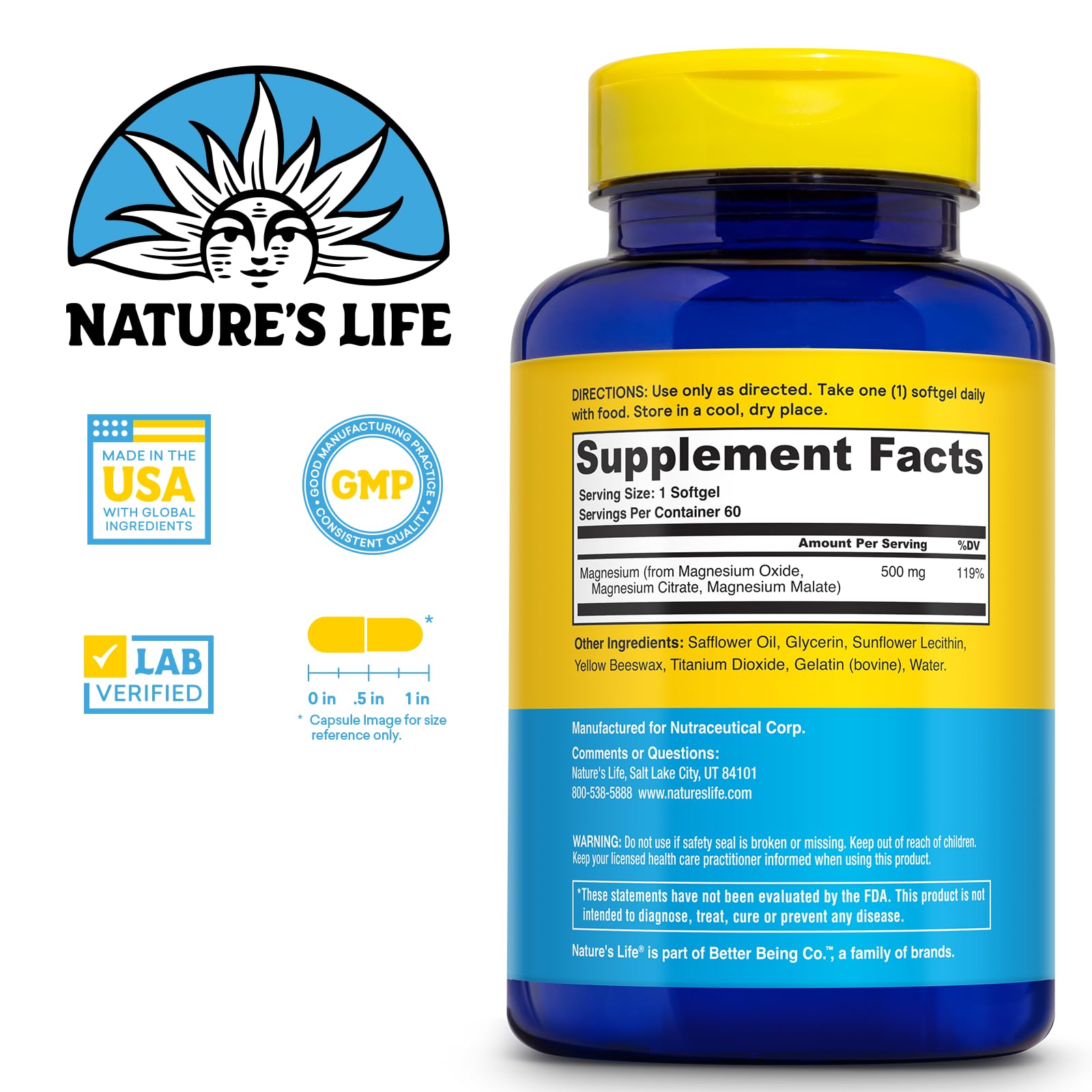 Close-up of Nature's Life SoftMag softgels showing smooth texture and swallowability